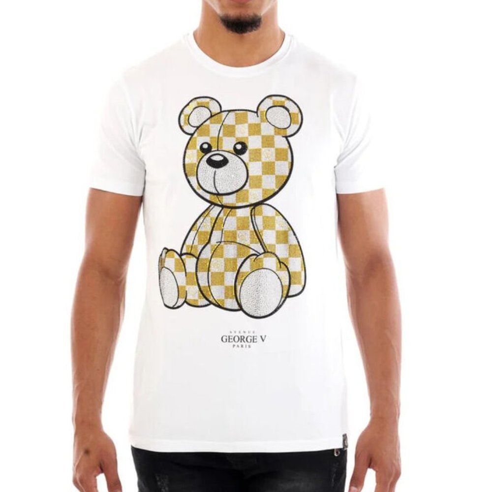 Avenue George V Paris T-Shirt Teddy Bear Men's White Shirt Rhinestone XL L 3XL